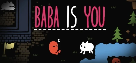 Baba와 Keke, 승리 깃발, 물과 벽을 함께 보여주며 '규칙이 곧 장면'이라는 인상을 주는 Steam 공식 헤더