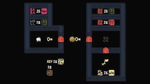 KEY IS OPEN, IS PUSH 등 여러 문장이 서로 다른 방에 놓여 규칙 자체를 자원처럼 옮겨야 하는 퍼즐 장면