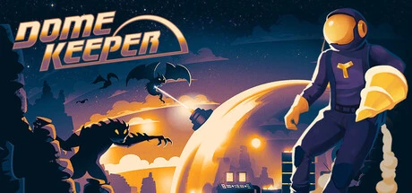 키퍼와 돔, 공격해오는 괴물을 한 프레임에 배치해 채굴과 방어의 대조를 보여주는 Steam 공식 헤더