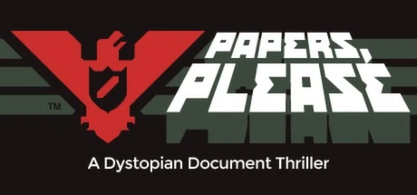 붉은 아르스토츠카 독수리 문양과 ‘A Dystopian Document Thriller’ 문구로 게임의 행정·디스토피아 콘셉트를 압축한 Steam 공식 헤더